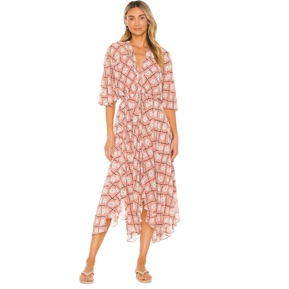 ALEXIS VENLA PINK MEDALLION HANDKERCHIEF HEM MIDI BOHO DRESS XS